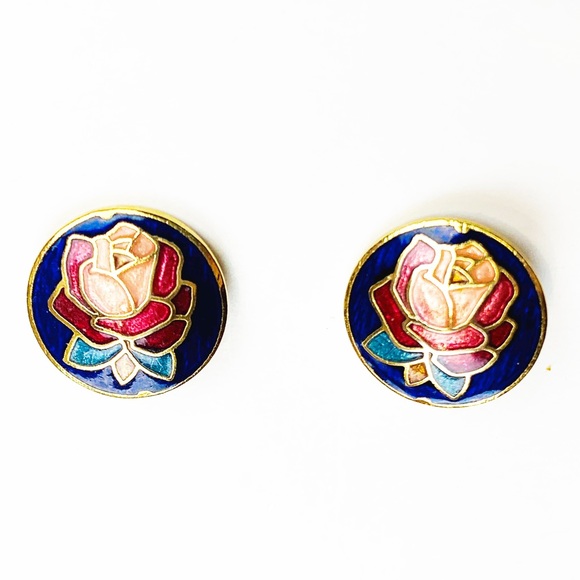 Jewelry - Vintage Enamel blue & pink cloisonné rose earrings